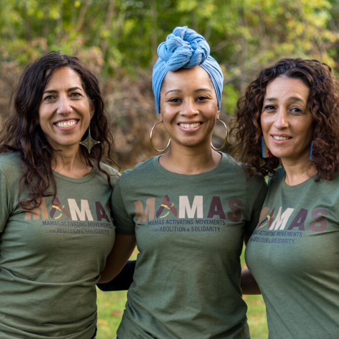 Nadine (left) Johnaé Strong (middle) and Souzan Naser (right), co-organizers of the collective, Mamas Activating Movements for Abolition and Solidarity (MAMAS)